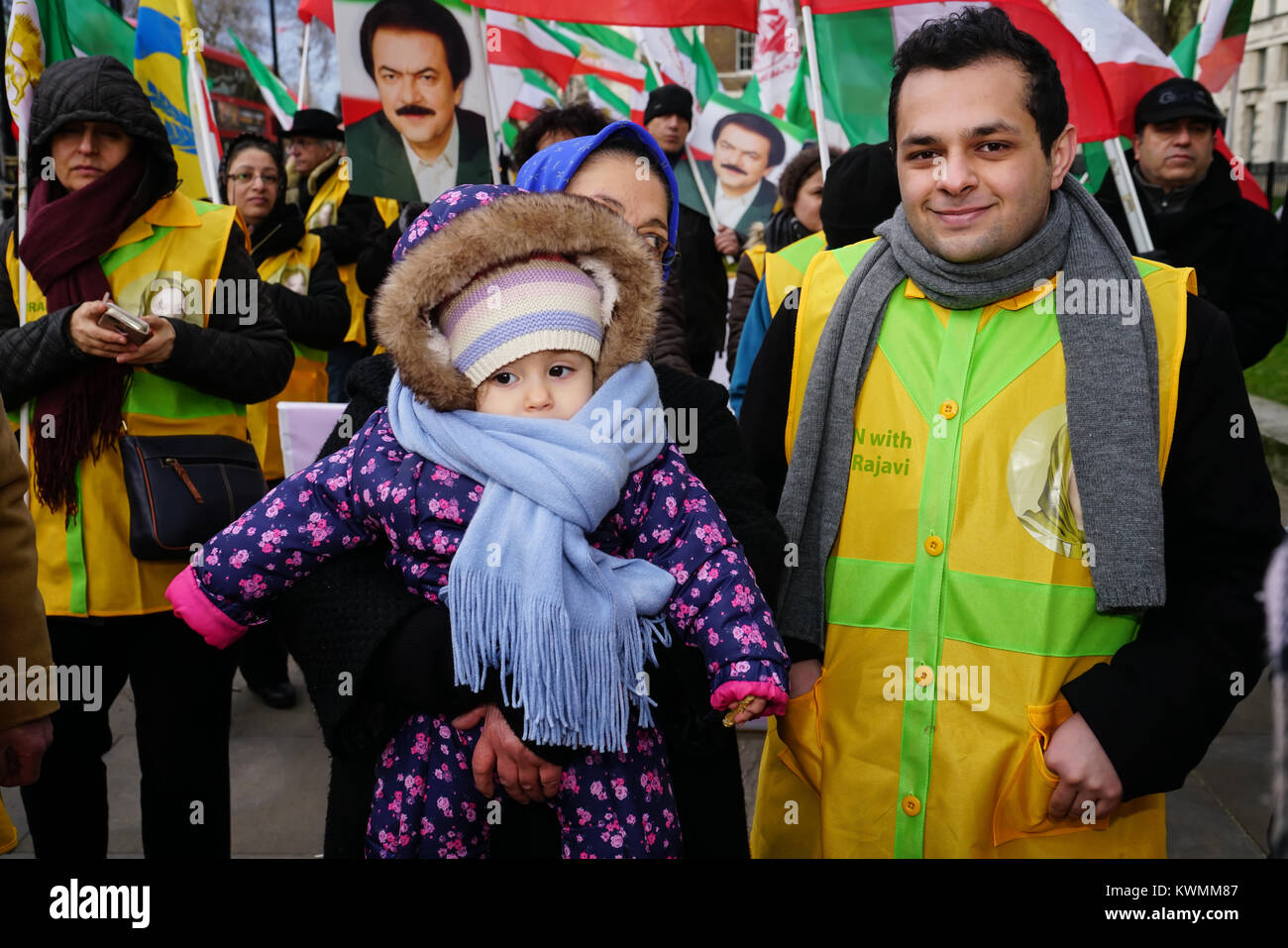 London, UK. 4th January, 2018. People's Mojahedin Organization Of Iran hosts a protest against the President of Iran Hassan Rouhani against crackdown of protesters in Iran and 20 killed thousands taken to jail. Demand UK to stop trade with the Iran regime on 4th January 2018. Credit: See Li/Alamy Live News Stock Photo
