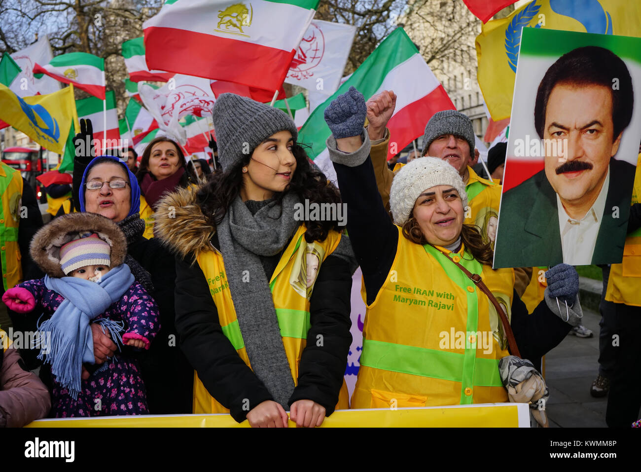 London, UK. 4th January, 2018. People's Mojahedin Organization Of Iran hosts a protest against the President of Iran Hassan Rouhani against crackdown of protesters in Iran and 20 killed thousands taken to jail. Demand UK to stop trade with the Iran regime on 4th January 2018. Credit: See Li/Alamy Live News Stock Photo
