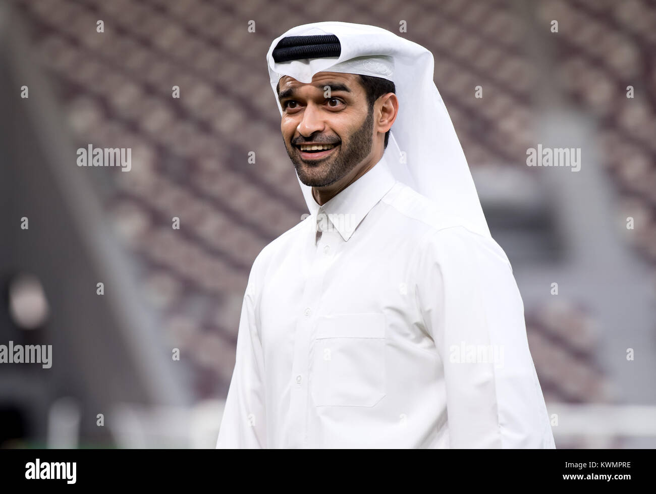 Doha, Qatar. 4th Jan, 2018. The general secretary of the World Cup's organisation committee Hassan Al-Thawadi is participating in a press conference in the Khalifa International Stadium in Doha, Qatar, 4 January 2018. The final round of the Soccer World Cup will be held in Qatar in 2022. Credit: Sven Hoppe/dpa/Alamy Live News Stock Photo