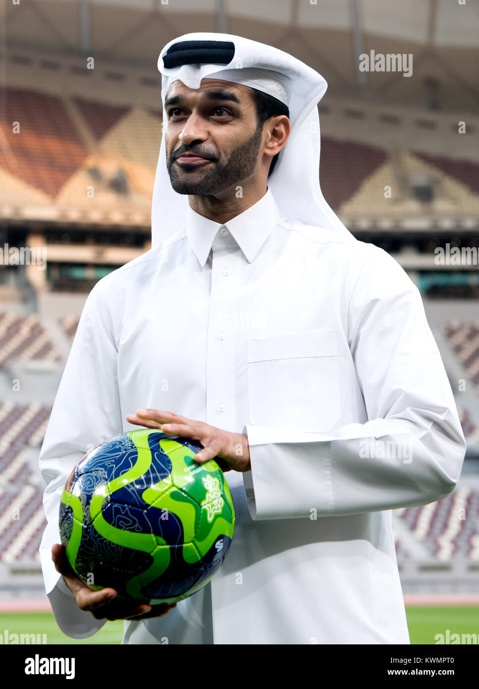 Doha, Qatar. 4th Jan, 2018. The general secretary of the World Cup's organisation committee Hassan Al-Thawadi is participating in a press conference in the Khalifa International Stadium in Doha, Qatar, 4 January 2018. The final round of the Soccer World Cup will be held in Qatar in 2022. Credit: Sven Hoppe/dpa/Alamy Live News Stock Photo