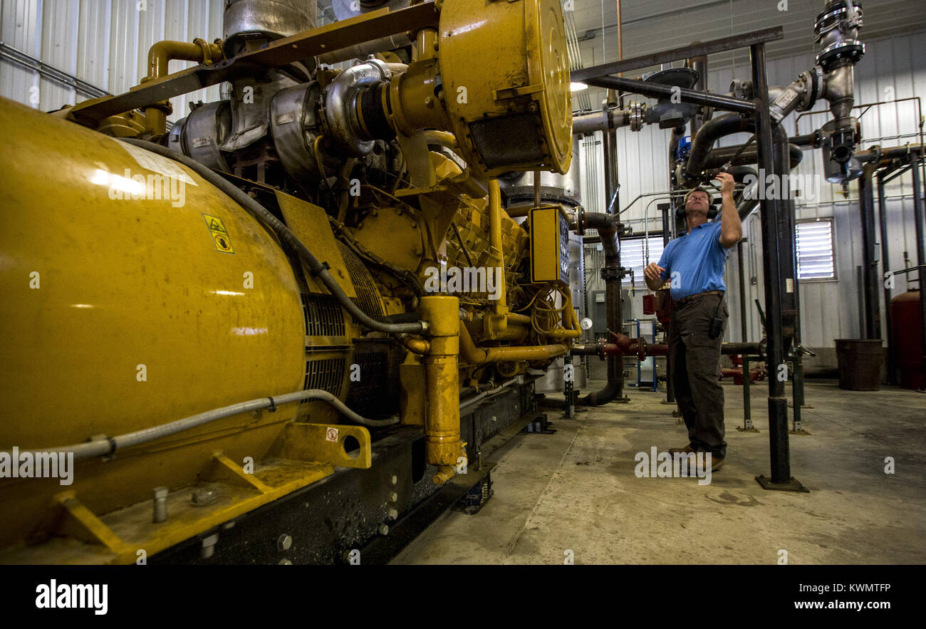 Davenport, Iowa, USA. 7th July, 2017. Farmer Bryan Sievers checks readouts on his caterpillar generator which produces roughly enough electricity for 700 homes from energy that comes from his digesters at the AgriReNew farm in Stockton on Friday, July 7, 2017. Sievers is growing winter wheat as a cover crop and is allowing it to mature to be harvested for a few different purposes. Credit: Andy Abeyta, Quad-City Times/Quad-City Times/ZUMA Wire/Alamy Live News Stock Photo