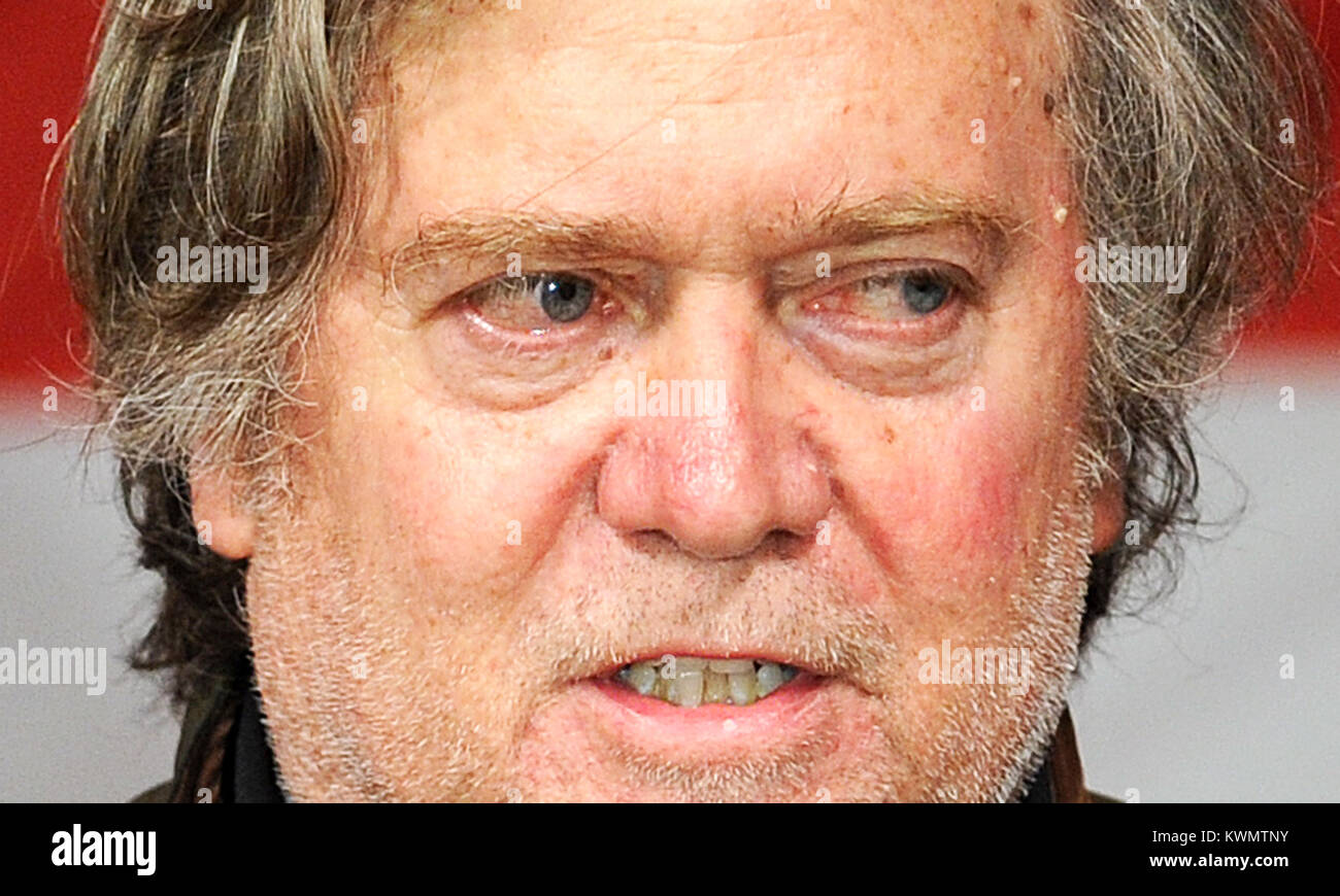 FILE: Photo taken Fairhope, Alabama, USA. 5th Dec, 2017. Steve Bannon, executive chairman of Breitbart News and former chief strategist for U.S. President Donald Trump, speaks at a campaign rally for Republican U.S. Senate candidate Judge Roy Moore on December 5, 2017 at Oak Hollow Farm in Fairhope, Alabama. On January 3, 2018, U.S. President Donald Trump threatened Bannon with legal action, saying Bannon had 'lost his mind' after being fired from the White House. Credit: Paul Hennessy/Alamy Live News Stock Photo