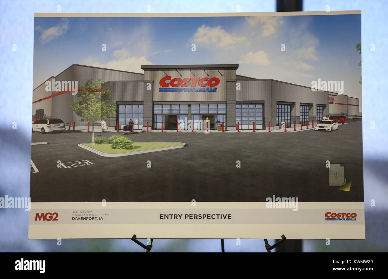 Davenport, Iowa, USA. 4th May, 2017. A rendering of the Costco store to be built is seen at the
