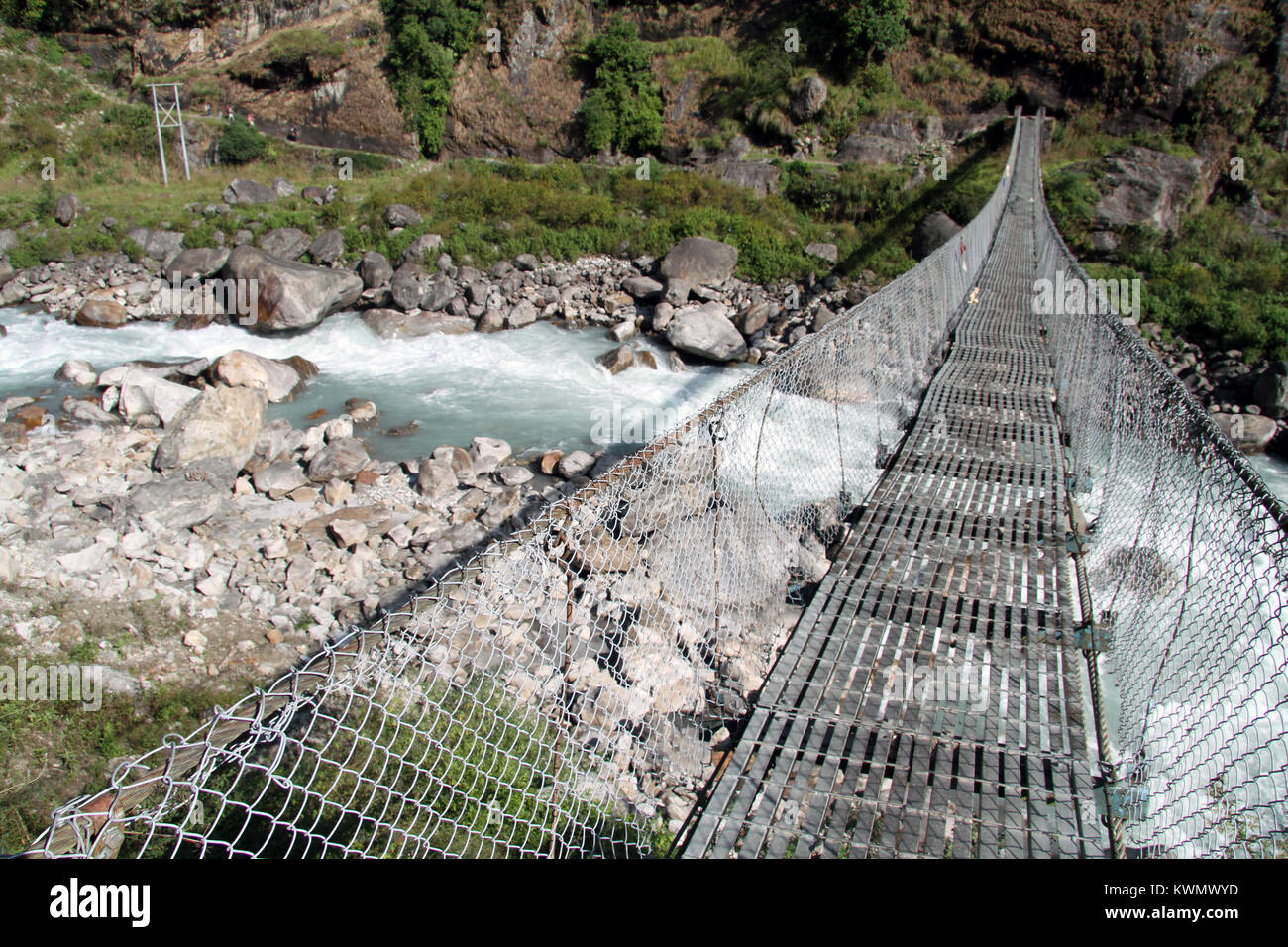 Suspension bridge and river in mountain Nepal Stock Photo - Alamy