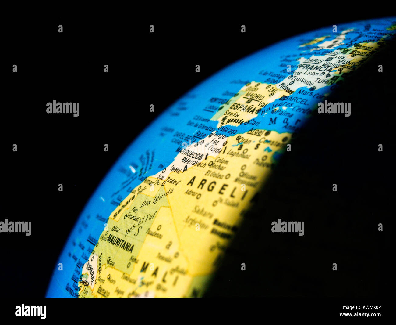 Day and night simulation on an political map earth globe Stock Photo
