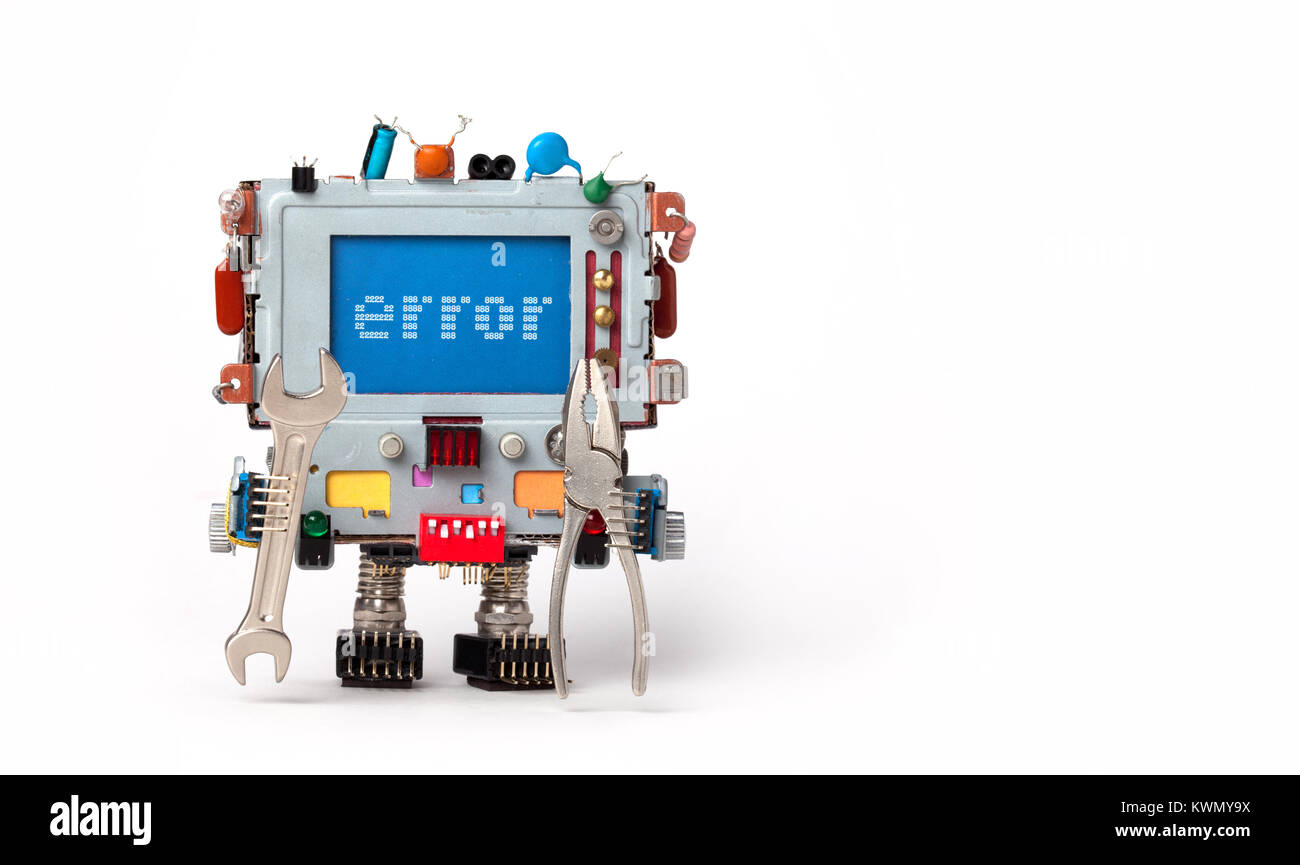 Error concept poster. Handyman robotic computer with hand wrench pliers on  white background. Text message Error on blue screen. Copy space Stock Photo  - Alamy