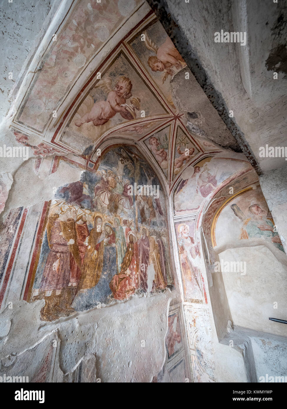 Chapel of Crucifixion Roberto d'Oderisio and anonymous medieval artist 14th century; 17th century fresco and stuccoes Stock Photo