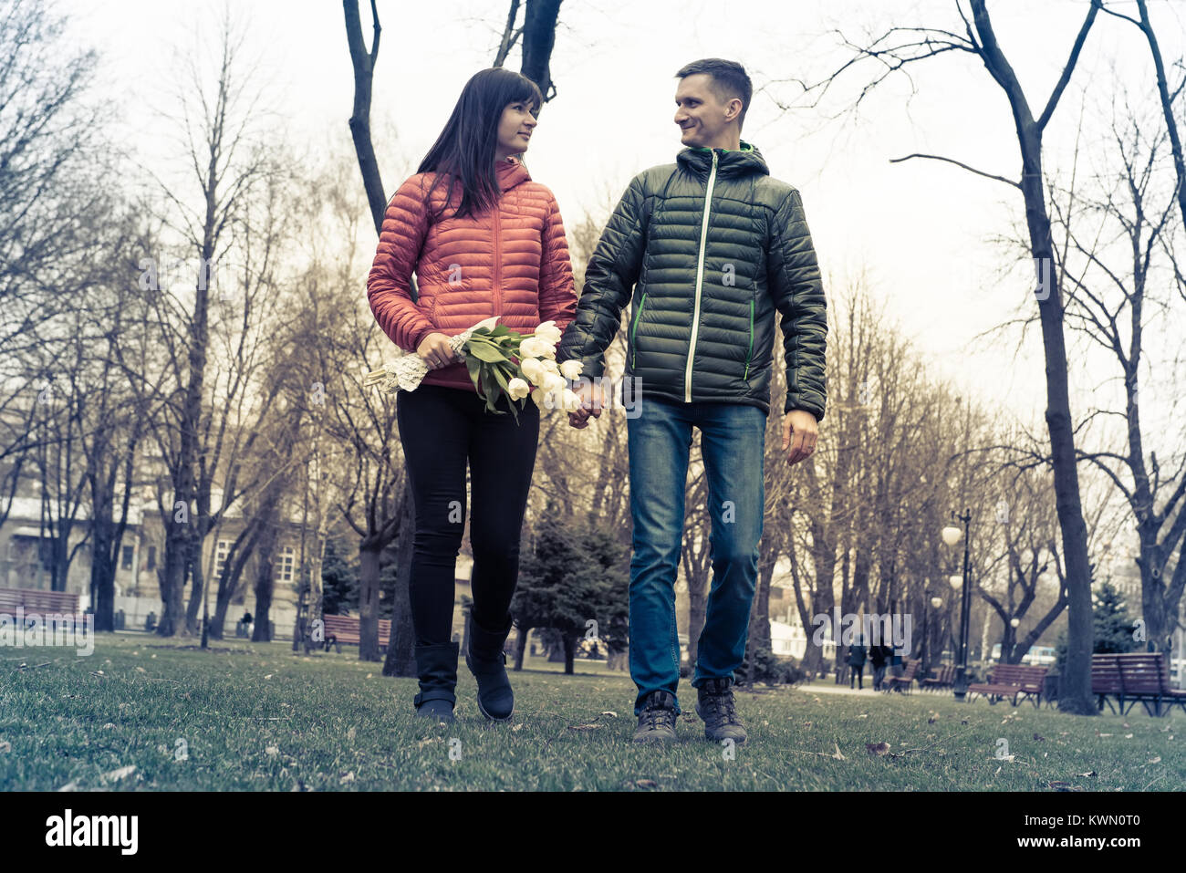 Date of middle aged Loving couple in spring sity park Stock Photo
