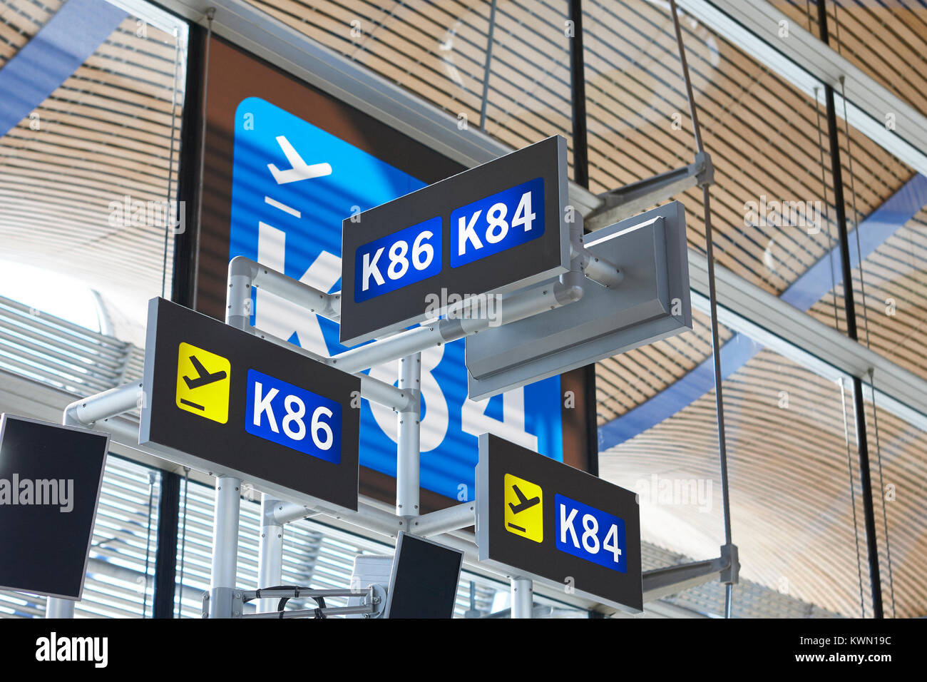 Airport information sign post. Departure gates. Travel background