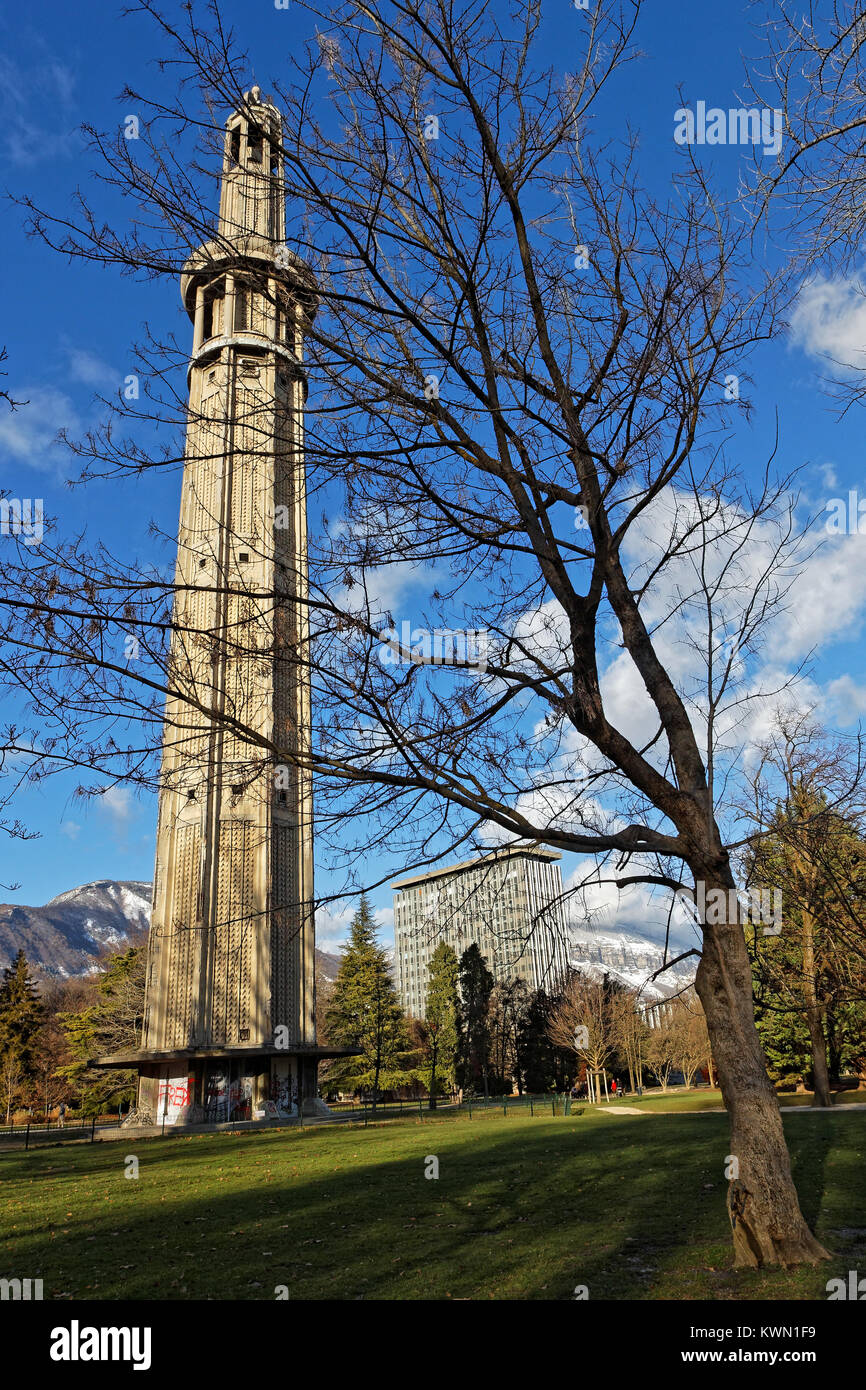 GRENOBLE, FRANCE, December 28, 2017 : Paul Mistral park and Perret tower. Grenoble prepares to commemorate 50 years of Winter Olympic Games that took  Stock Photo