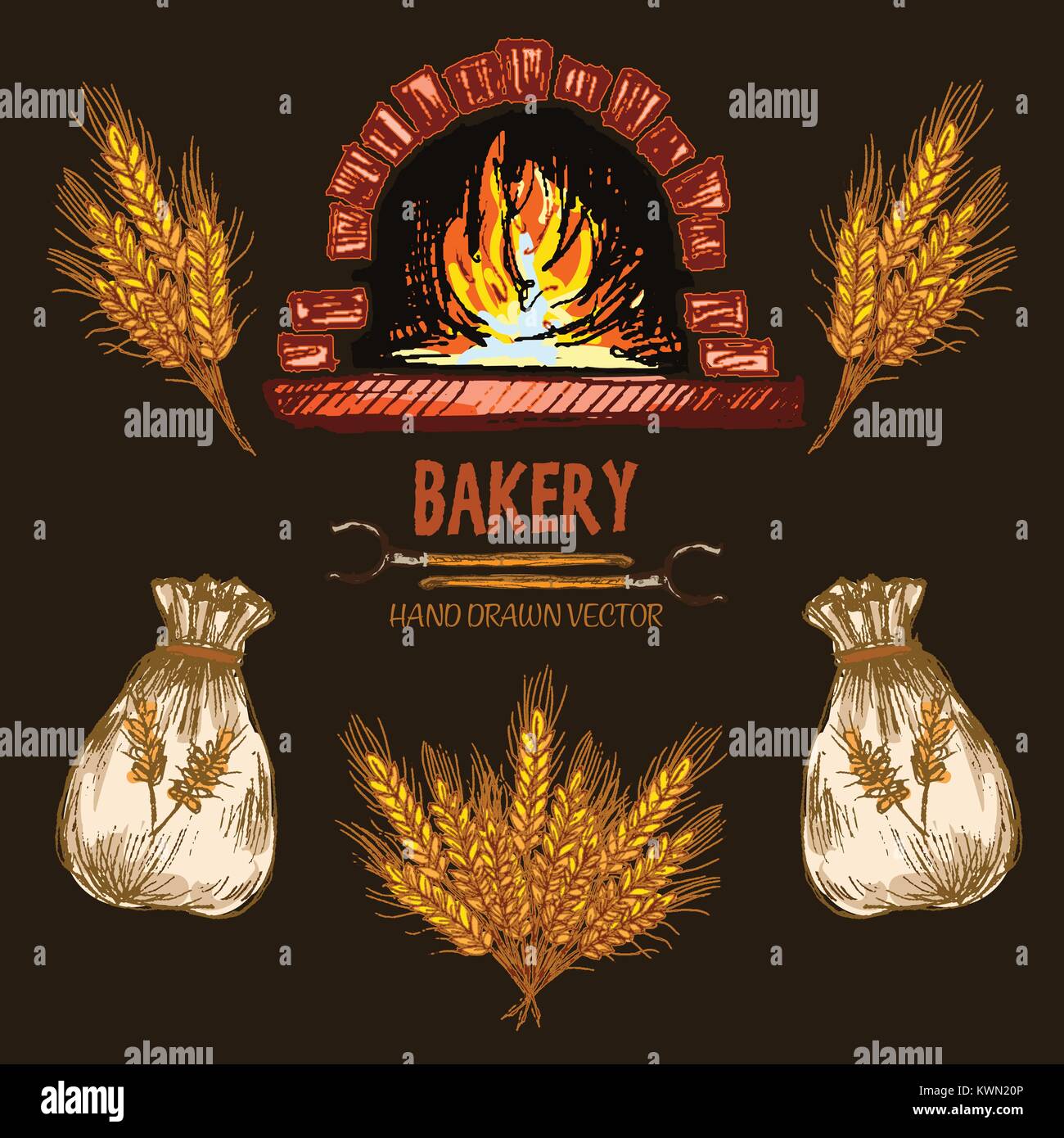 Digital color vector detailed line art red brick oven with woods on fire, golden wheat and flour sacks hand drawn retro illustration set outlined. Vin Stock Vector