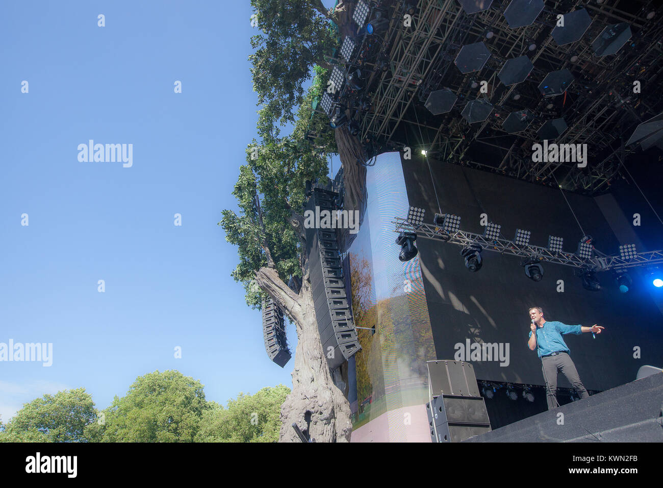 The American synthpop band Future Islands performs a live concert at