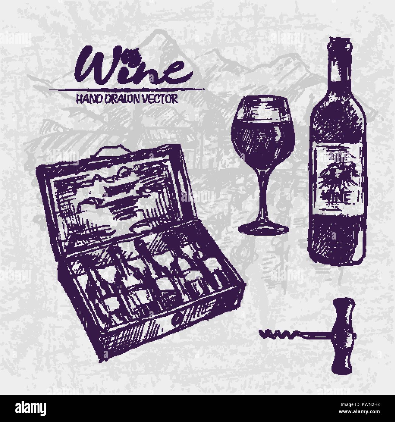Digital color vector detailed line art premium wooden box with wine ...