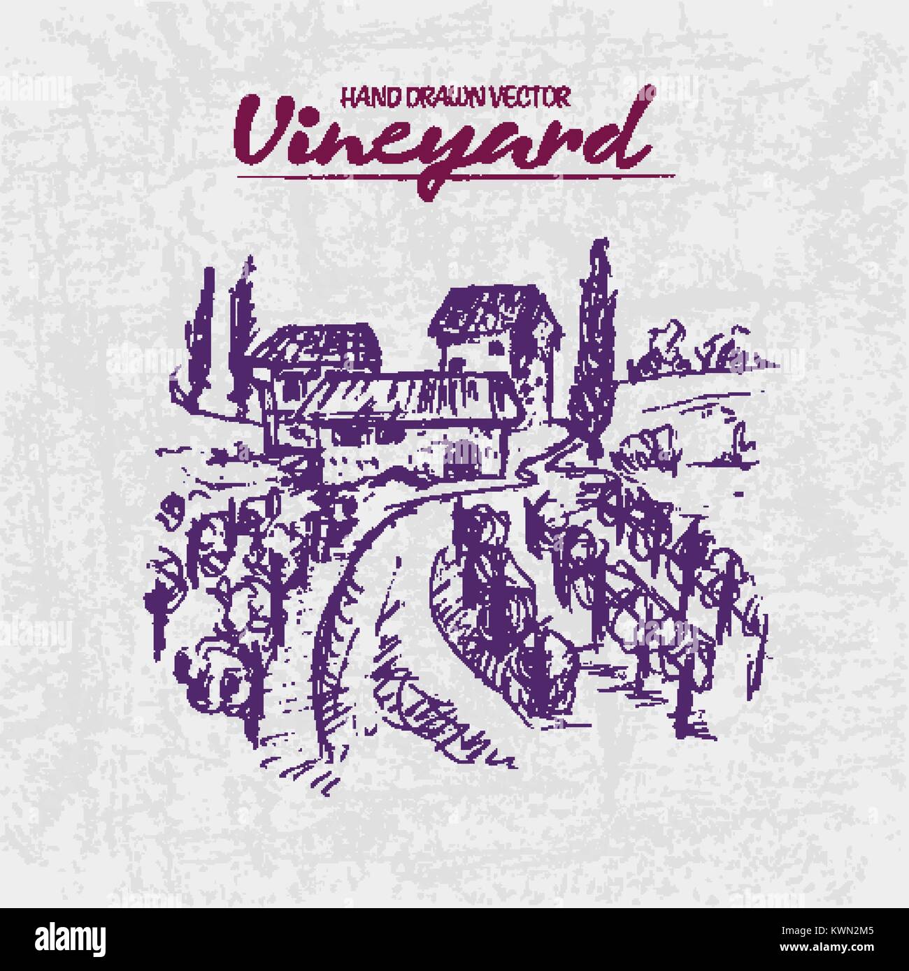 Digital color vector detailed line art purple vineyard fields with buildings and trees hand drawn illustration set. Thin artistic pencil outline. Vint Stock Vector