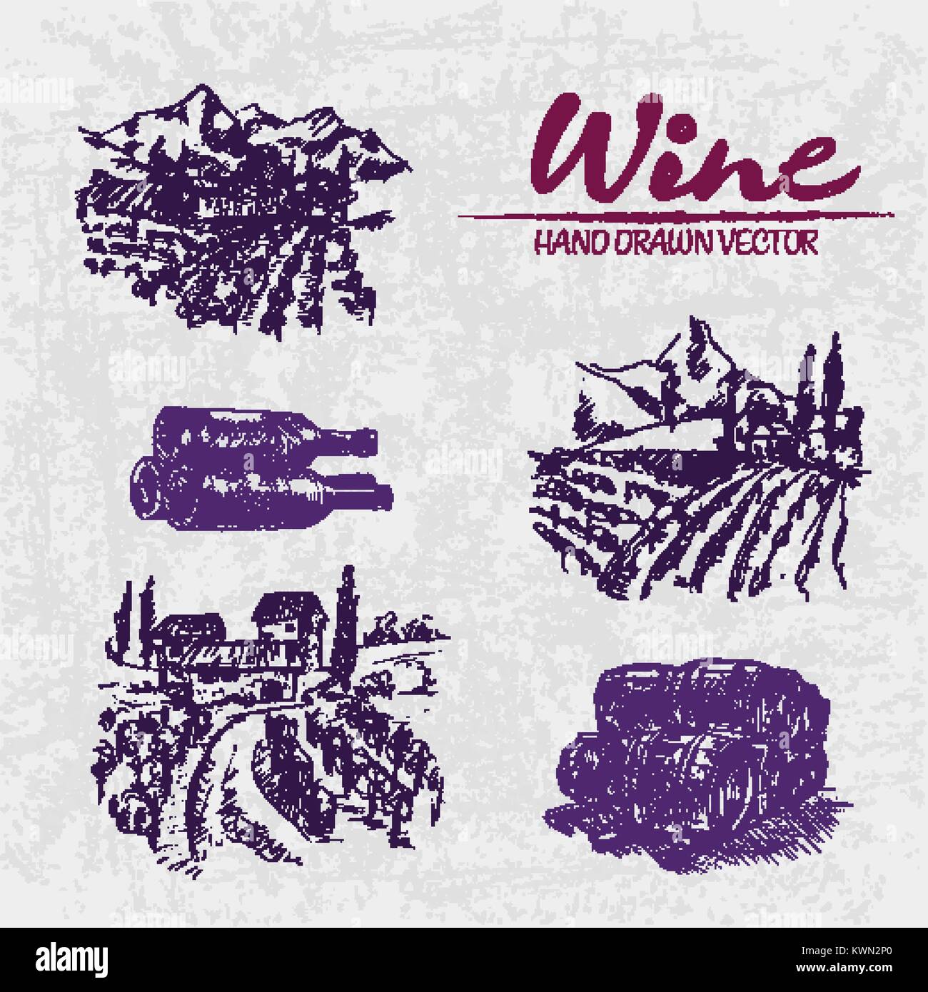 Digital color vector detailed line art purple vineyard fields, wine and barrels stacked hand drawn illustration set. Thin artistic pencil outline. Vin Stock Vector
