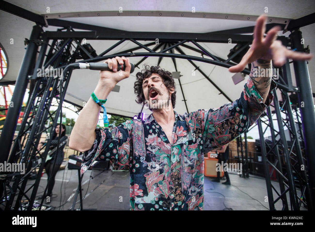 The English hard rock band Turbowolf performs a live concert at the Summer Stage at the Barclaycard British Summer Time festival 2014 at Hyde Park, London. Here vocalist Chris Georgiadis is pictured at the gig. UK 04.07.2014. Stock Photo