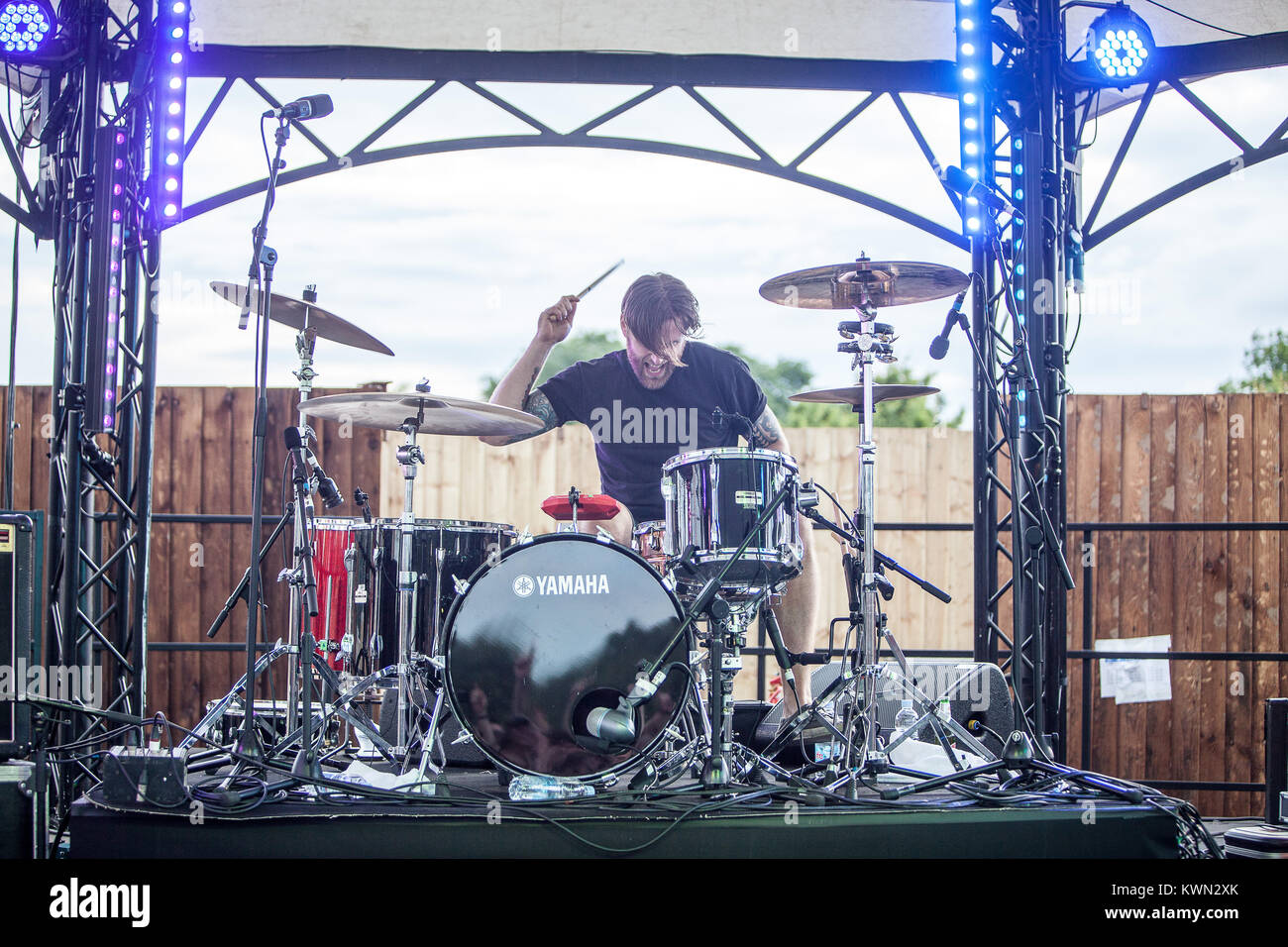 The English hard rock band Turbowolf performs a live concert at the Summer Stage at the Barclaycard British Summer Time festival 2014 at Hyde Park, London. Here drummer Blake Davies is pictured live on stage. UK 04.07.2014. Stock Photo