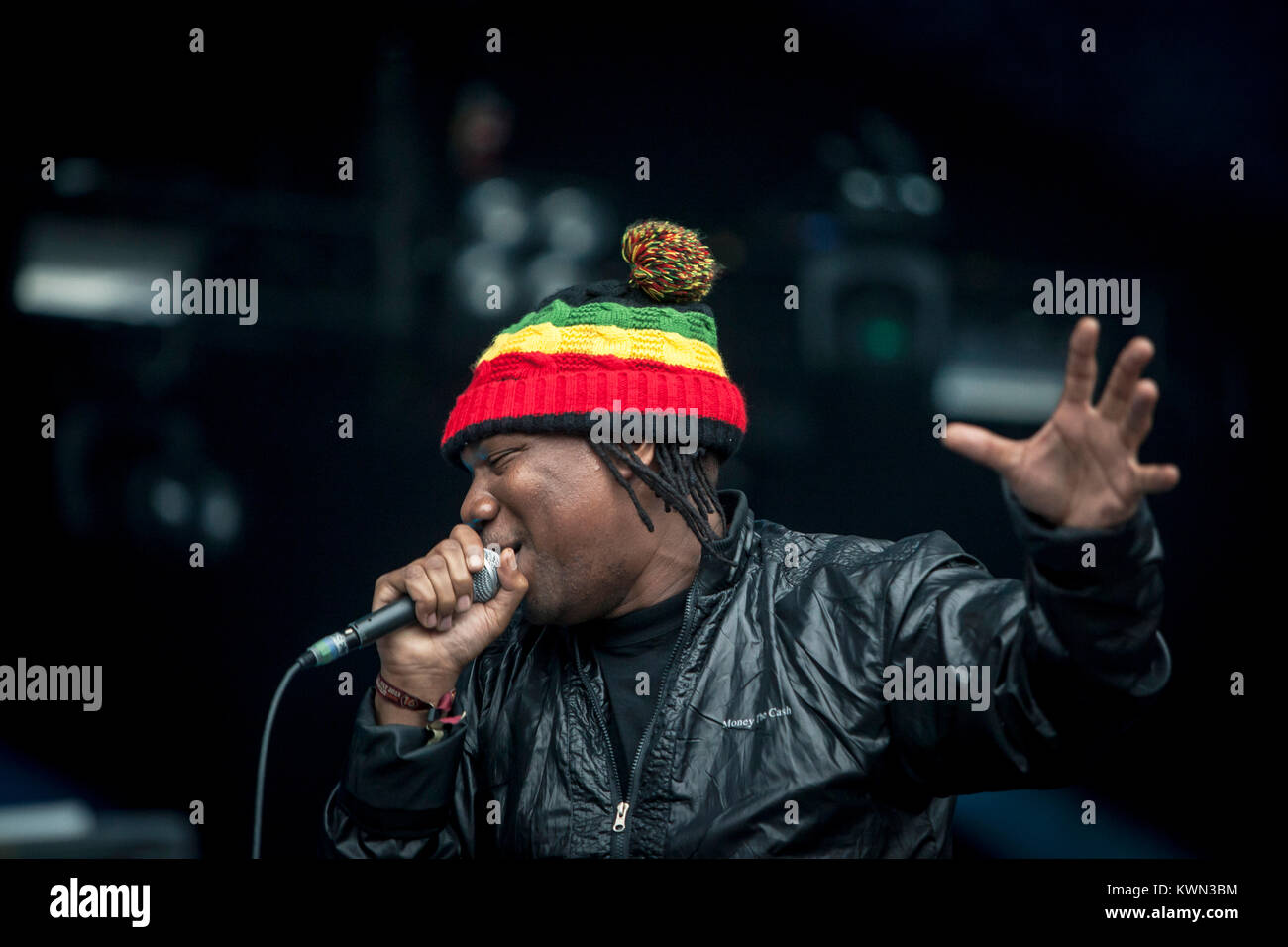 The American rapper KRS-One is of Jamaican descent and wears a hat with the colours of the Jamaican flag. Germany 2013. Stock Photo
