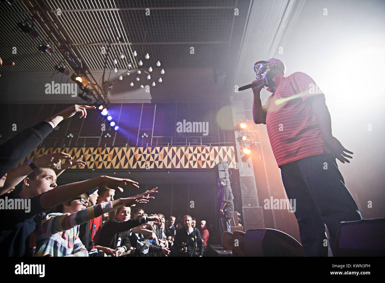 The American rapper Daniel Dumile is better known by one of his many aliases: King Geedorah, Metal Fingers, Viktor Vaughn, Zev Love or like here pictured as MF Doom at a live concert at Vega in Copenhagen. Denmark 01/11 2010. Stock Photo