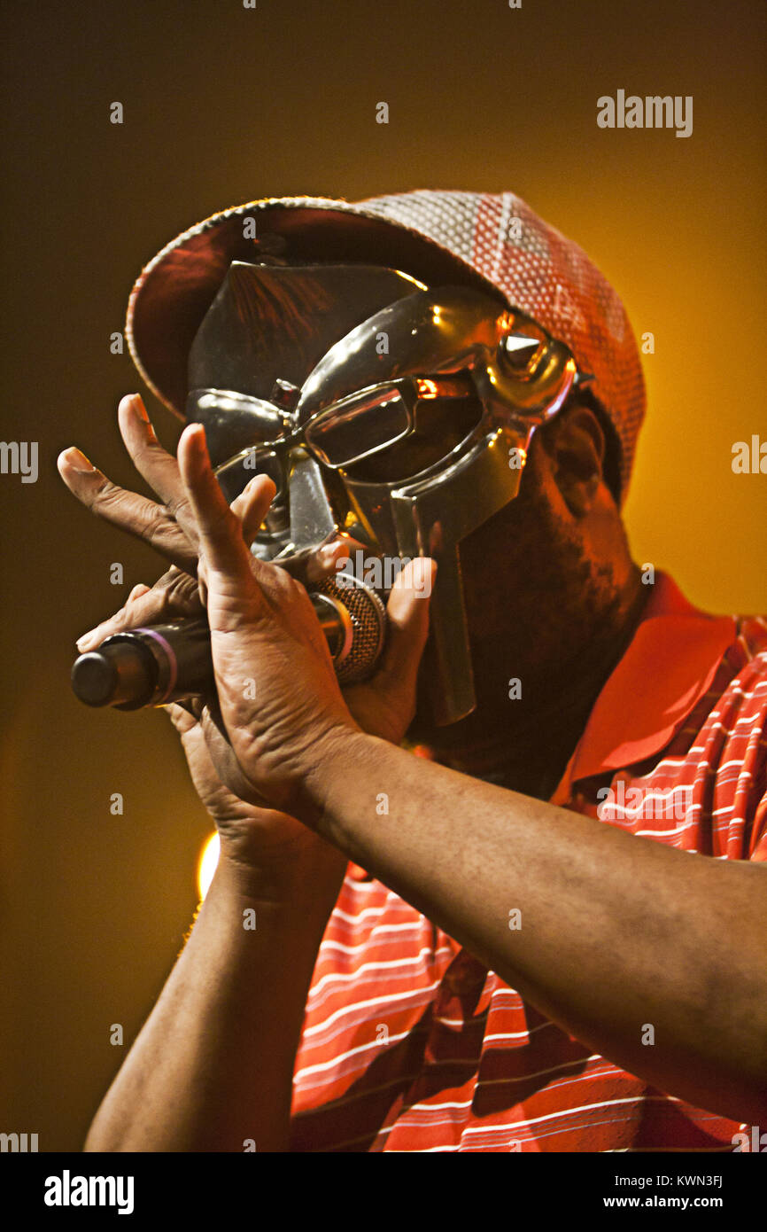 The American rapper Daniel Dumile is better known by one of his many aliases: King Geedorah, Metal Fingers, Viktor Vaughn, Zev Love or like here pictured as MF Doom at a live concert at Vega in Copenhagen. Denmark 01/11 2010. Stock Photo