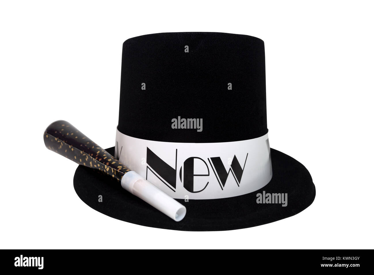 Isolated New Year's black costume top hat with noise maker. Stock Photo