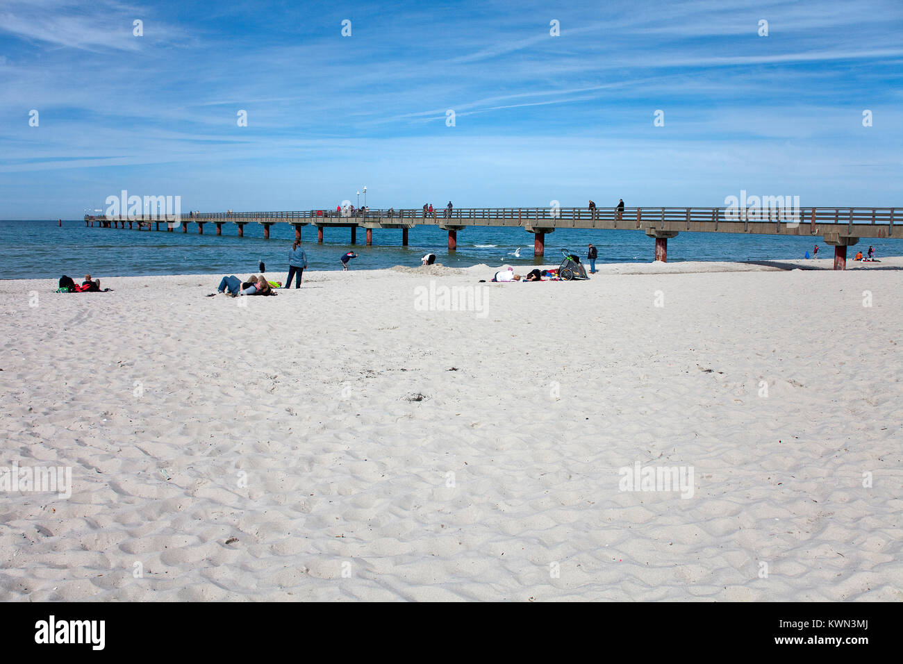 Beach and wooden pier of Prerow, Fishland, Mecklenburg-Western Pomerania, Baltic sea, Germany, Europe Stock Photo