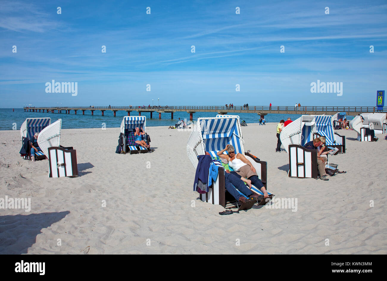 Traditional beach chairs at the beach of Prerow, Fishland, Mecklenburg-Western Pomerania, Baltic sea, Germany, Europe Stock Photo