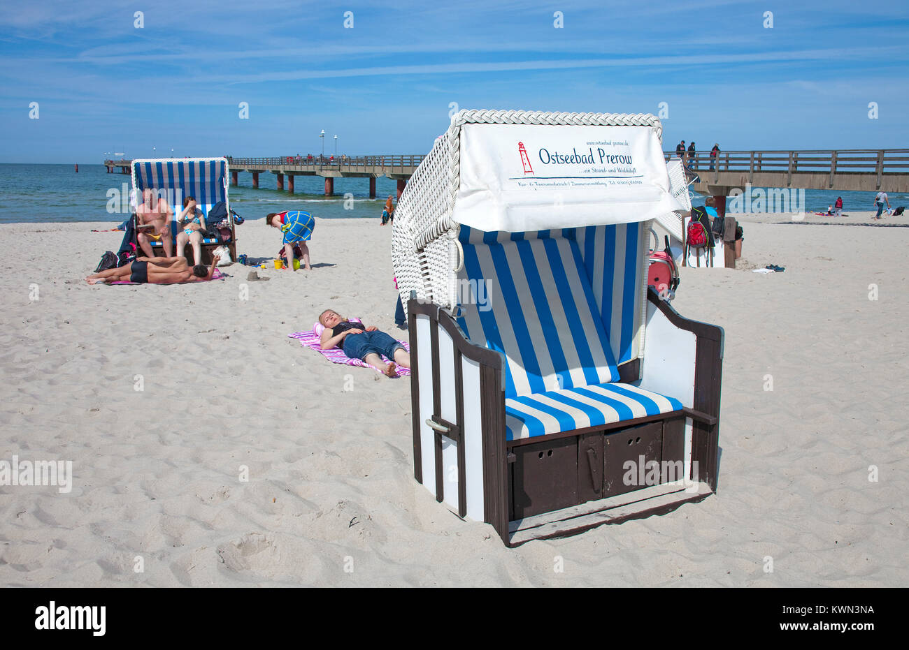 Traditional beach chairs at the beach of Prerow, Fishland, Mecklenburg-Western Pomerania, Baltic sea, Germany, Europe Stock Photo