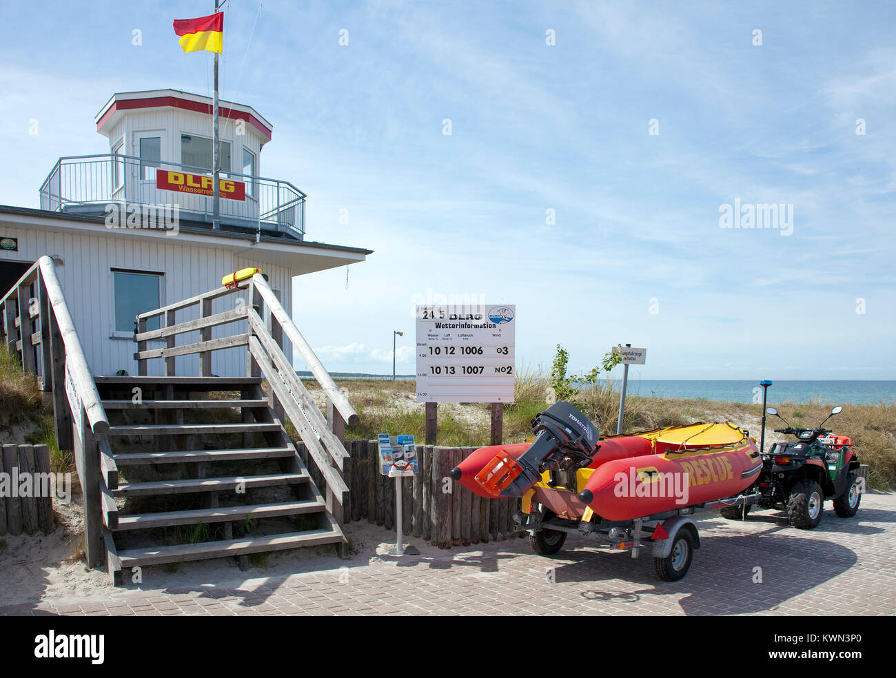 DLRG German Lifeguard Association at the beach of Prerow, Fishland, Mecklenburg-Western Pomerania, Baltic sea, Germany, Europe Stock Photo