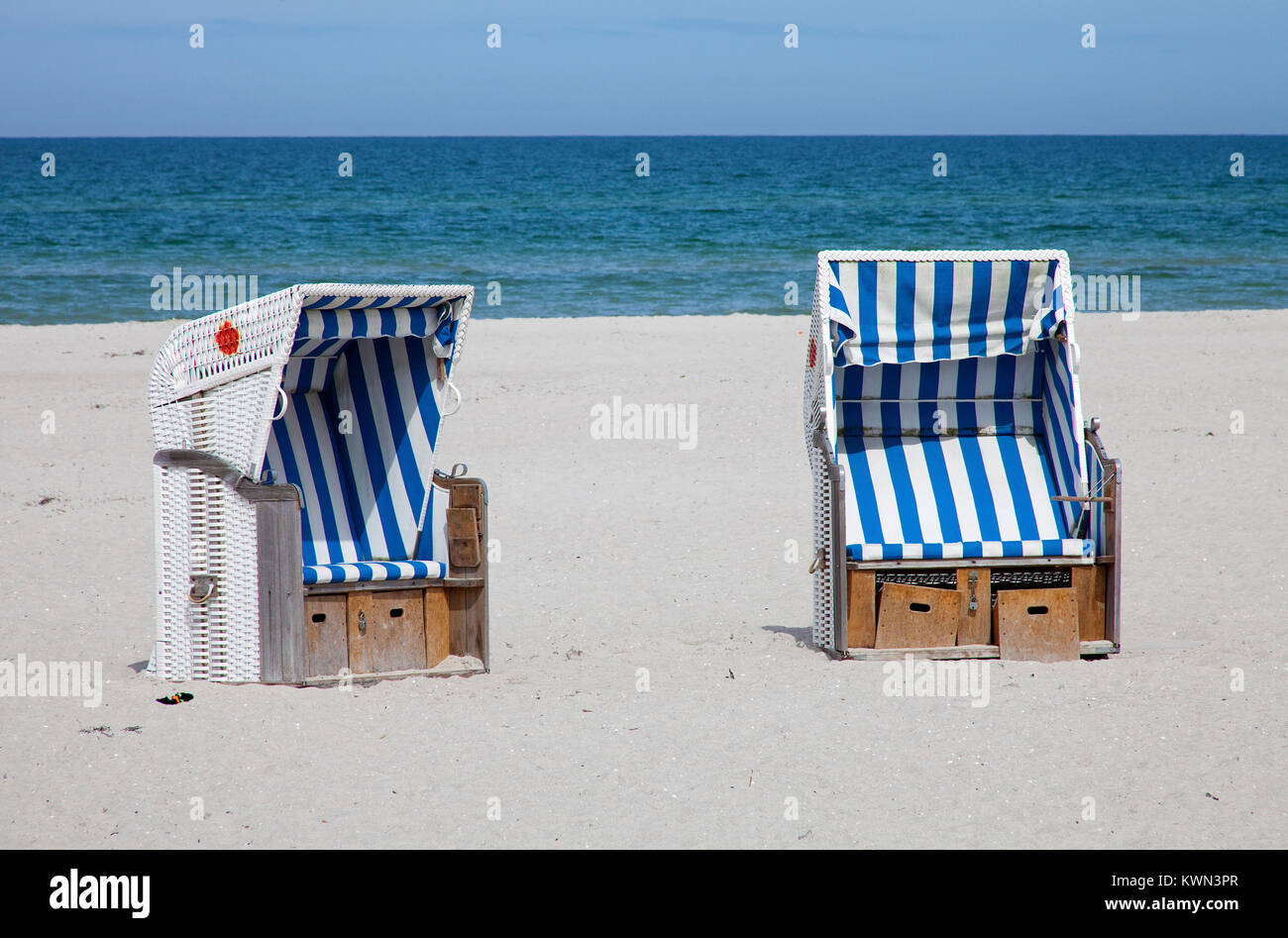 Traditional beach chairs at the beach of Prerow, Fishland, Mecklenburg-Western Pomerania, Baltic sea, Germany, Europe Stock Photo