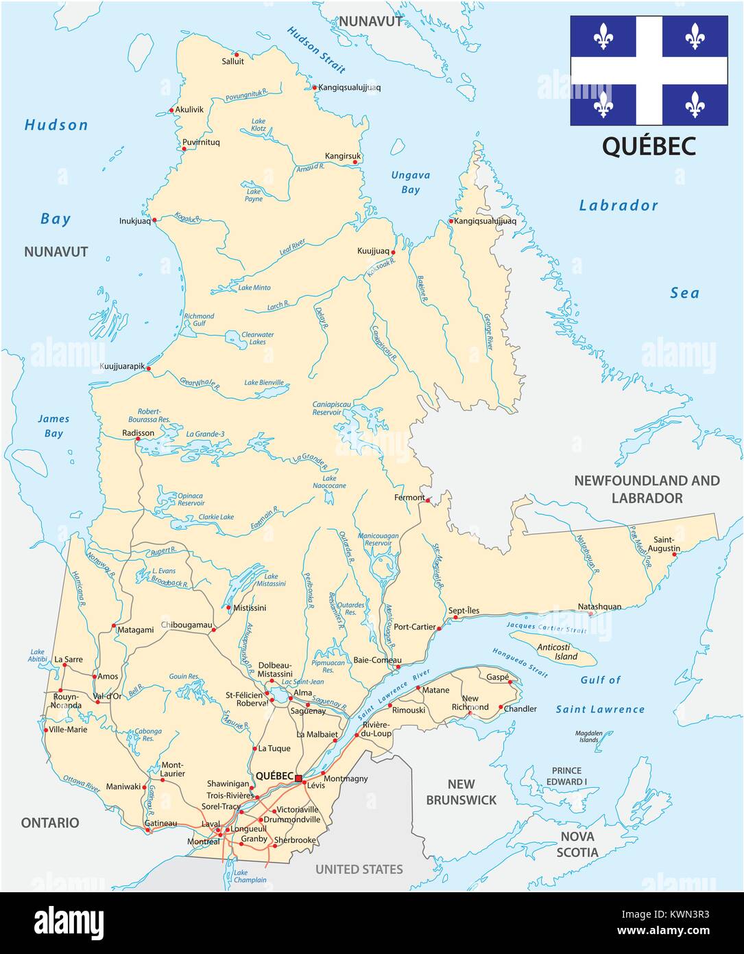 Province quebec road vector map with flag Stock Vector