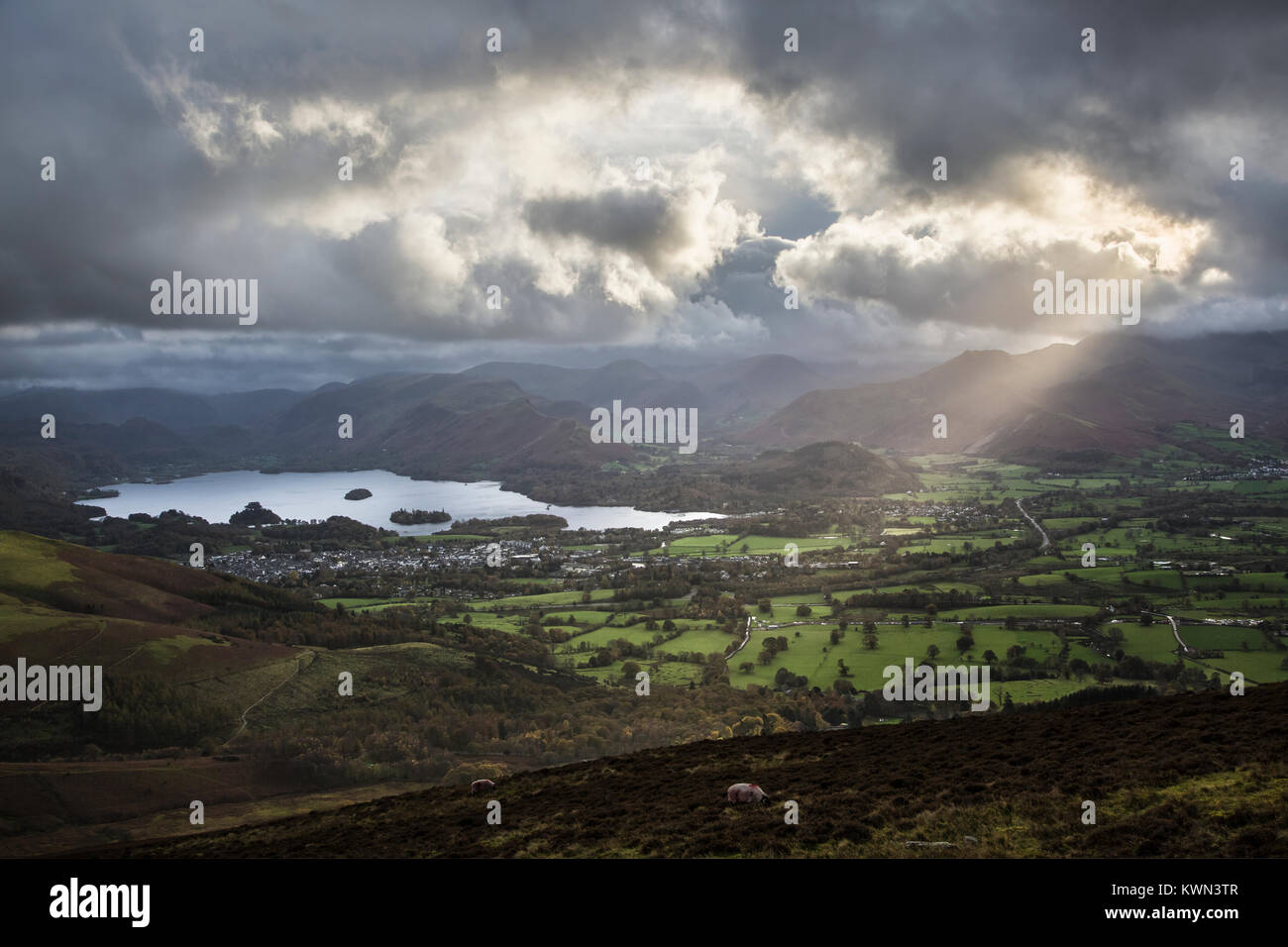 Derwent Water and Keswick from Little Man, Lake District National Park, Cumbria Stock Photo