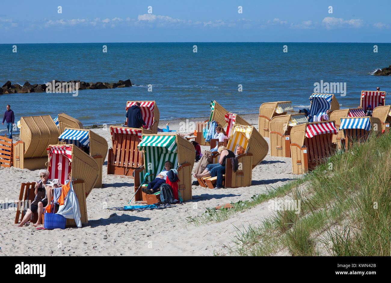 Tourists in beach chairs at the beach of Wustrow, Fishland, Mecklenburg-Western Pomerania, Baltic sea, Germany, Europe Stock Photo