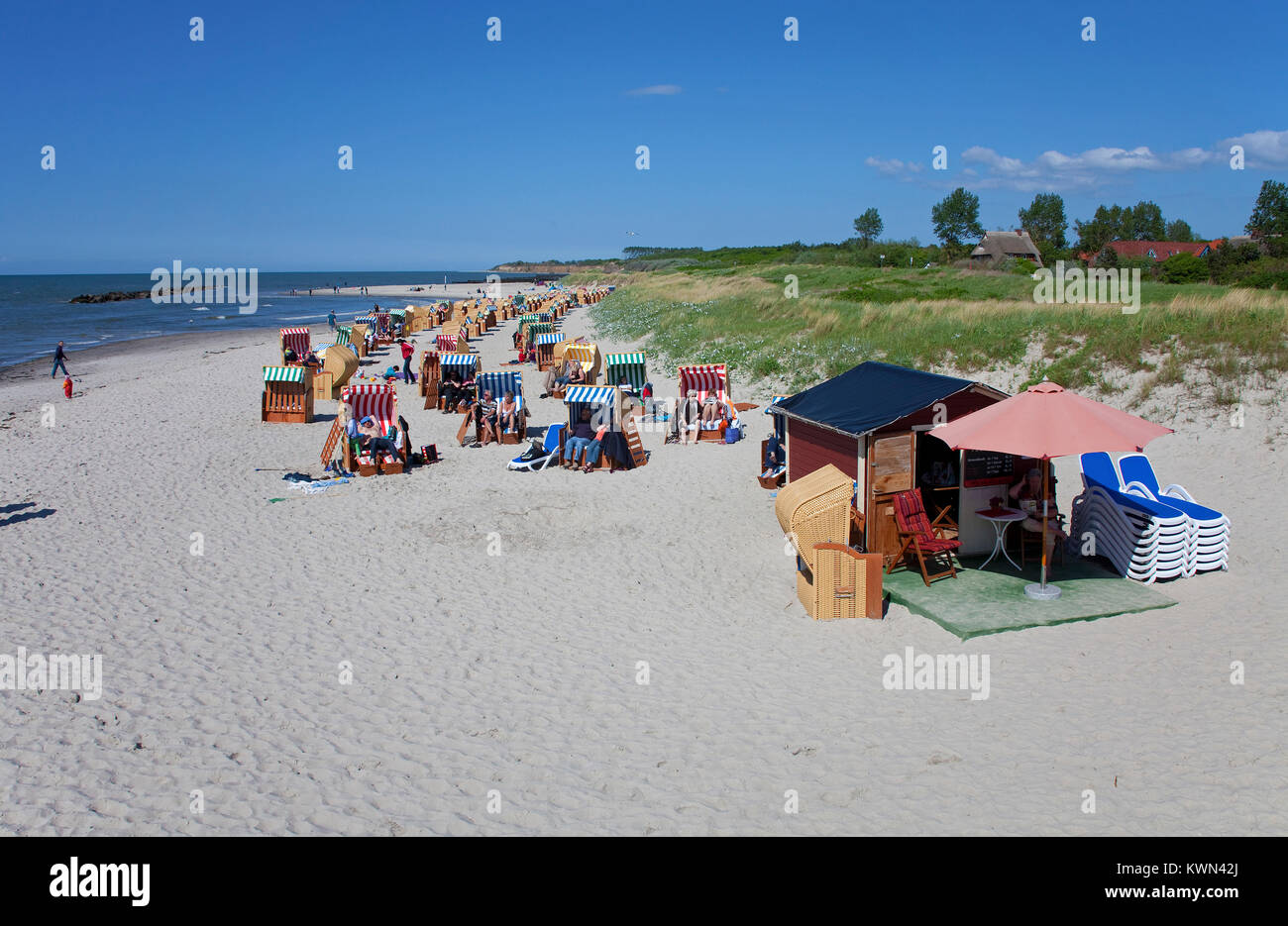 Beach chair and sunbed rental, station at the beach of Wustrow, Fishland, Mecklenburg-Western Pomerania, Baltic sea, Germany, Europe Stock Photo