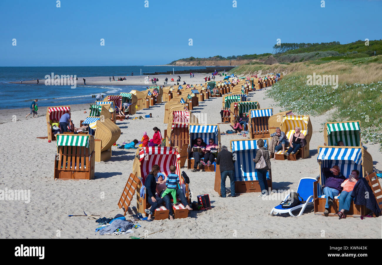People on beach chairs at the beach of Wustrow, Fishland, Mecklenburg-Western Pomerania, Baltic sea, Germany, Europe Stock Photo