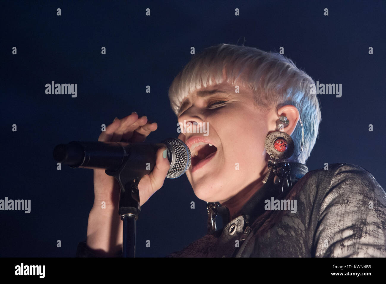 The Swedish singer Robyn (Miriam Carlsson) performs live concert at TAP1 in Copenhagen and is here pictured live on stage during her show. Denmark 19/03 2011. Stock Photo