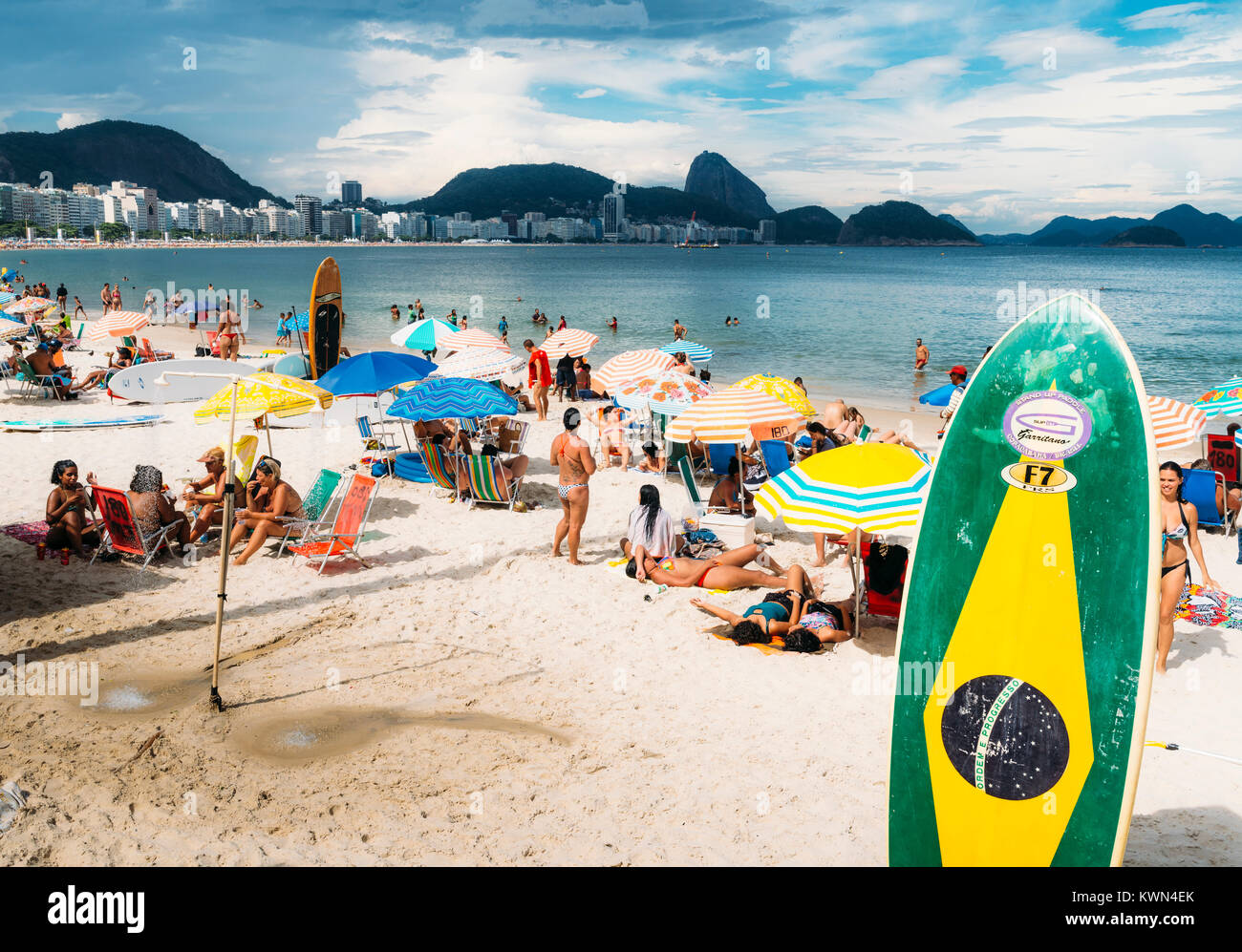 Long Board With A Brazilian Flag On Copacabana Beach Rio De Janeiro Brazil Stock Photo Alamy