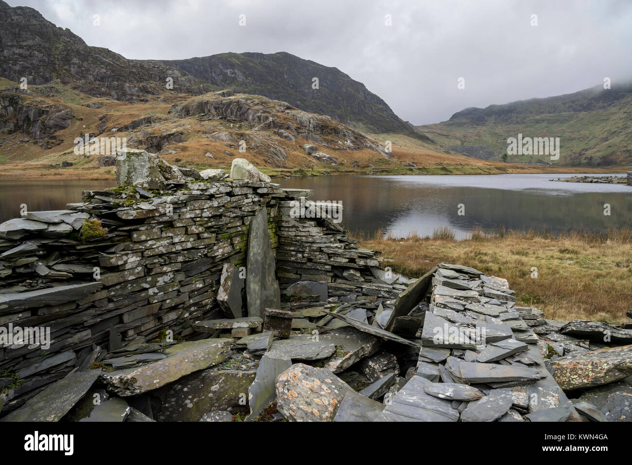 Dramatic scenery at Llyn Cwmorthin. View from the ruins of the old slate quarries near Blaenau