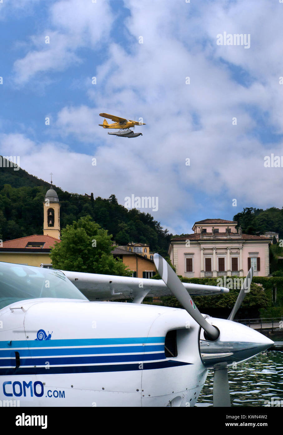 Aero Club Como Italy. Piper Cub float plane Stock Photo