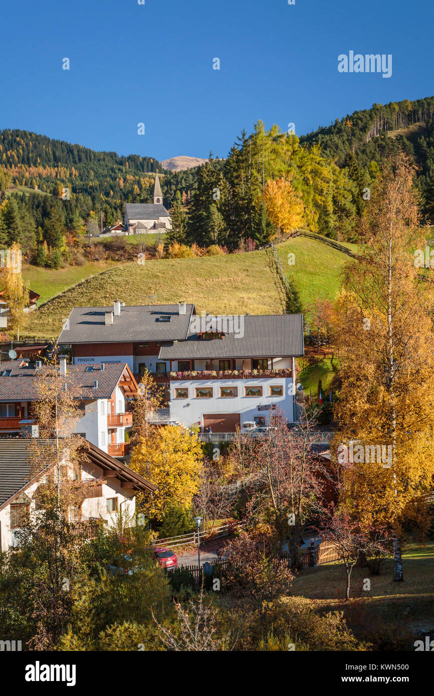 The Val di Funes Valley home in the village of Santa Maddalena with views of the Dolomites, South Tyrol, Italy, Europe. Stock Photo