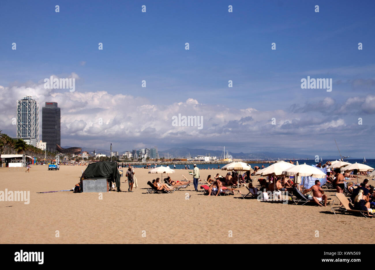 Sunbathing on Barcelona beach Autumn 2017 Stock Photo