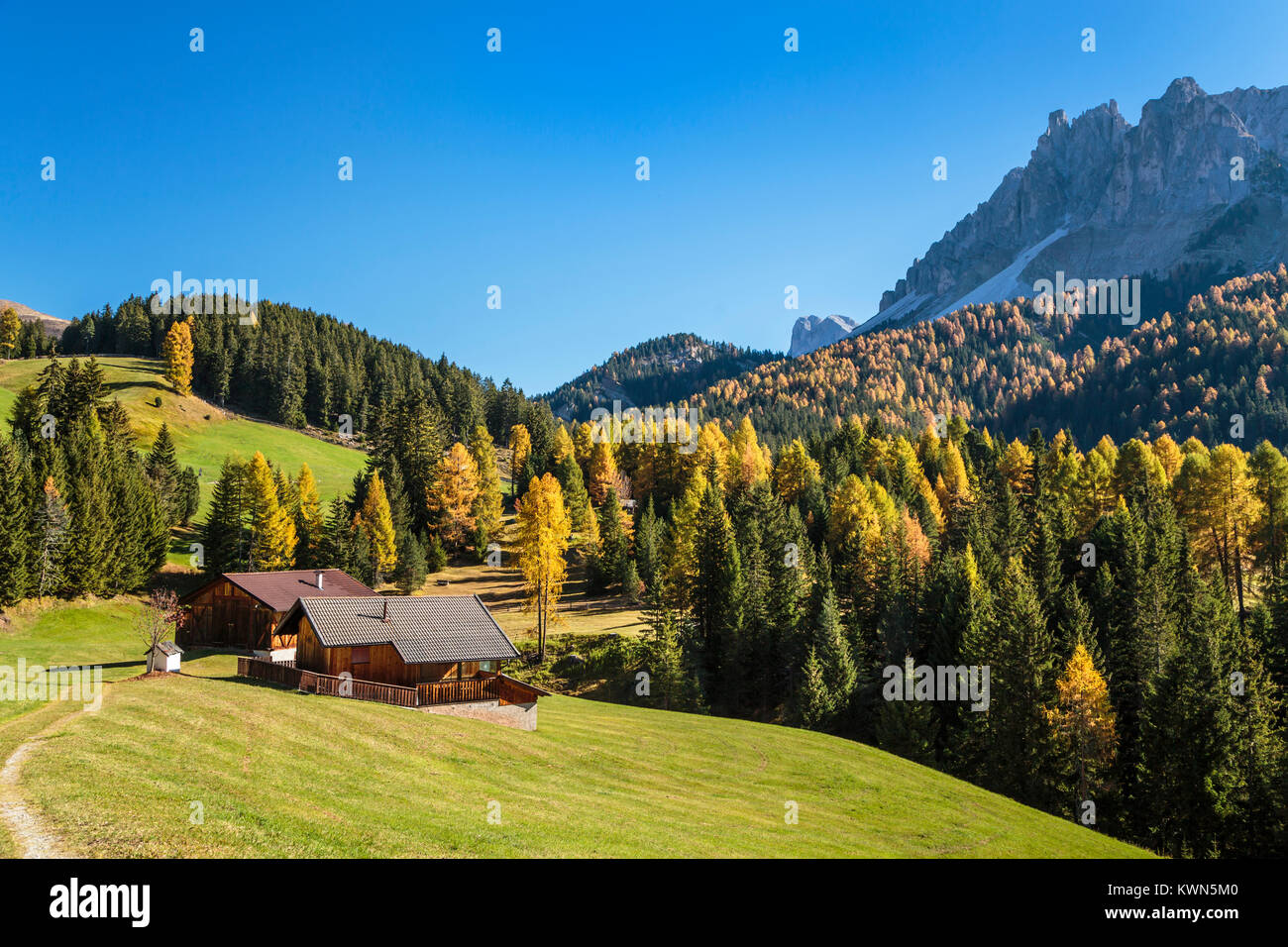 The Dolomite moutain range with fall foliage color near San Pietro, Val di Funes, South Tyrol, Italy, Europe. Stock Photo