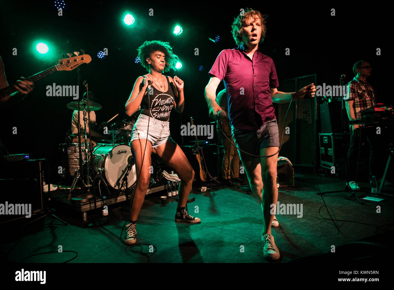 The American dance-punk band !!! (chk chk chk) performs a live concert at VEGA in Copenhagen. Here singer and songwriter Nic Offer is seen live on stage with guest singer Lea Lea. Denmark, 27/05 2017. Stock Photo