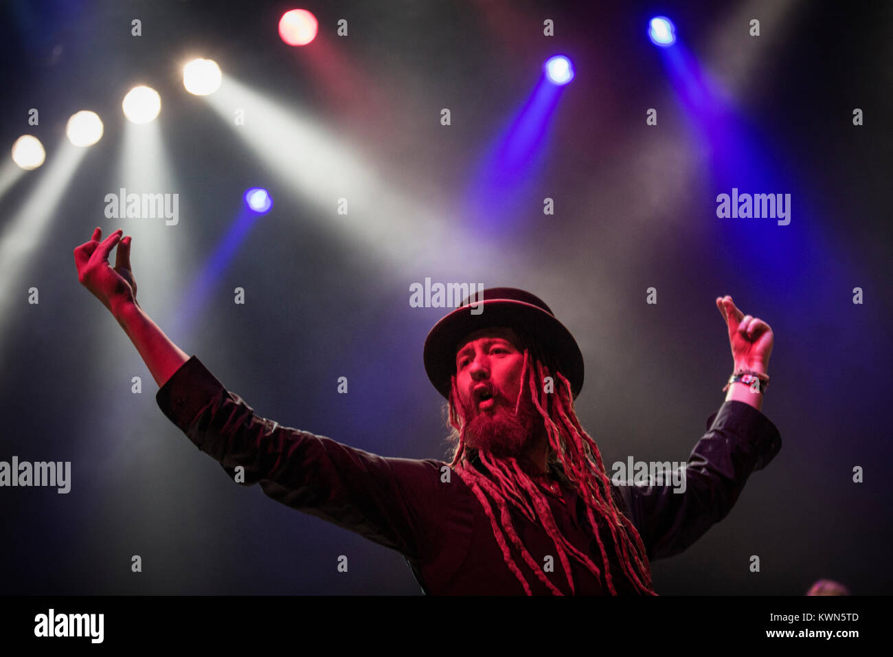 The Danish folk and world music band Afenginn performs a live concert at the Danish showcase festival Spot Festival 2014 in Århus. The Danish-Finnish musician Kim Nyberg (pictured) is the main composer of the band’s songs. Denmark 02/05 2014. Stock Photo