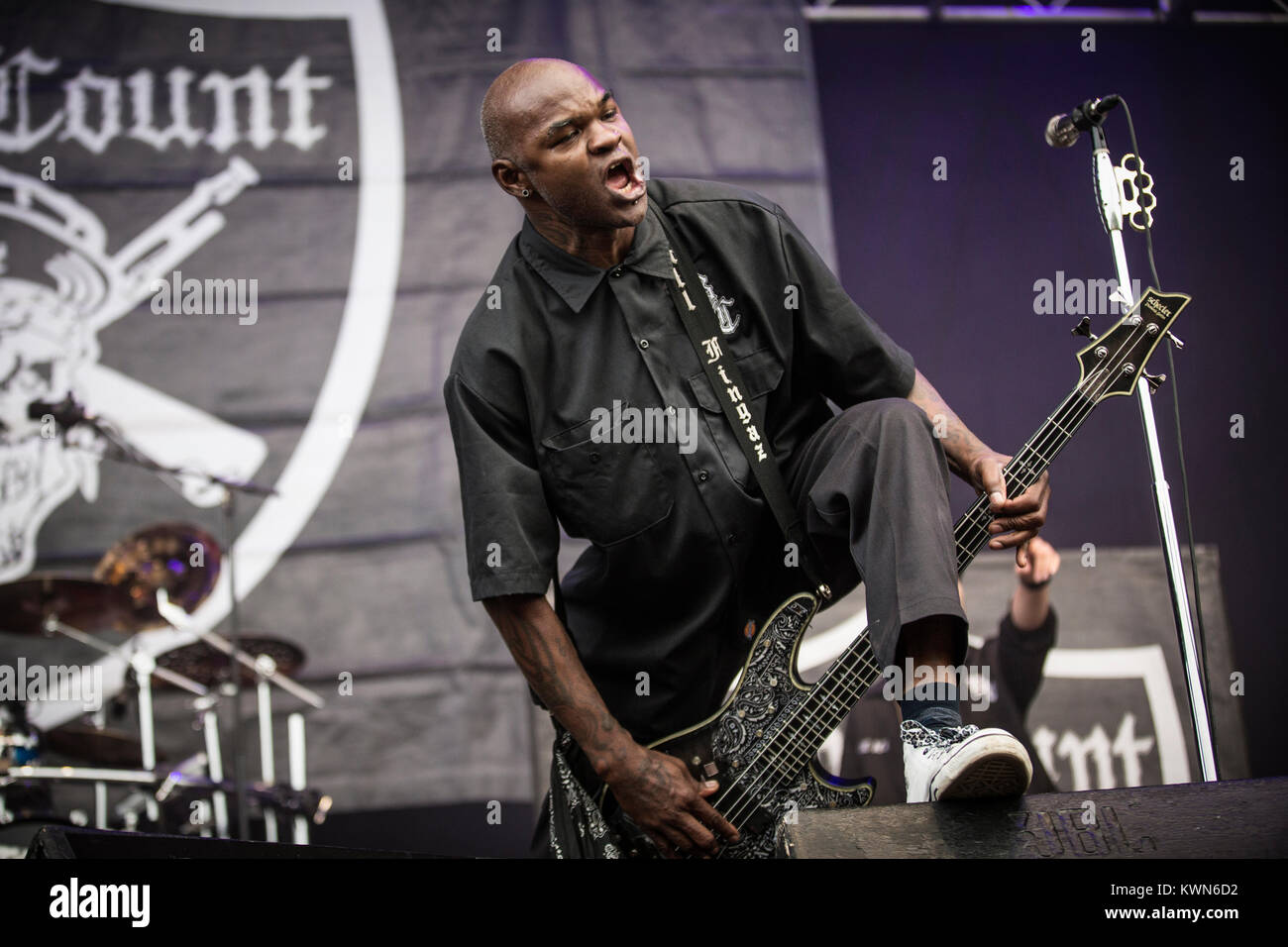 Body Count, the American heavy metal band, performs a live concert at the  Danish heavy metal festival Copenhell 2015 in Copenhagen. Here musician and Vincent  Price on bass is pictured live on