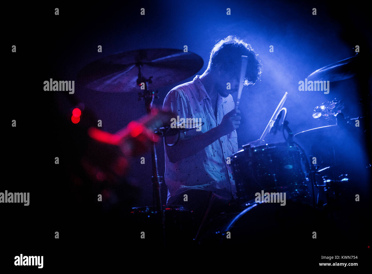 Deerhunter, the American indie rock band, performs a live concert at VEGA in Copenhagen. Here musician Moses Archuleta on drums is seen live on stage. Denmark, 19/11 2015. Stock Photo
