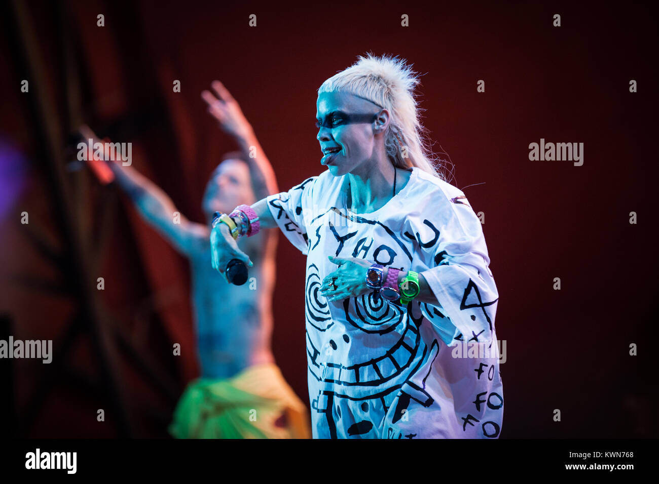 The South African rap duo Die Antwoord performs a live concert at Orange Stage at the Danish music festival Roskilde Festival 2015. The duo consists of the two rave-vocalist Ninja and YoLandi Visser (pictured) who perform lyrics in Afrikaans, Xhosa and English. Denmark, 03/07 2015. Stock Photo