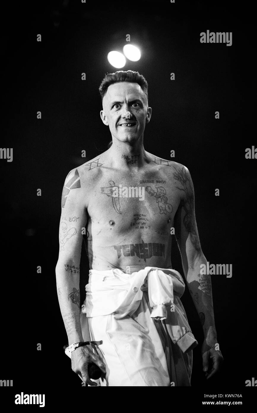 The South African rap duo Die Antwoord performs a live concert at Orange Stage at the Danish music festival Roskilde Festival 2015. The duo consists of the two rave-vocalist Ninja (pictured) and YoLandi Visser who perform lyrics in Afrikaans, Xhosa and English. Denmark, 03/07 2015. Stock Photo