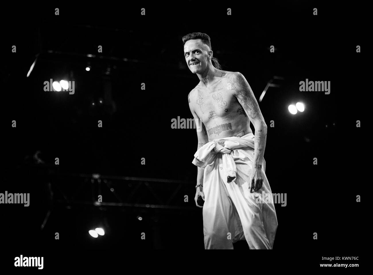 The South African rap duo Die Antwoord performs a live concert at Orange Stage at the Danish music festival Roskilde Festival 2015. The duo consists of the two rave-vocalist Ninja (pictured) and YoLandi Visser who perform lyrics in Afrikaans, Xhosa and English. Denmark, 03/07 2015. Stock Photo