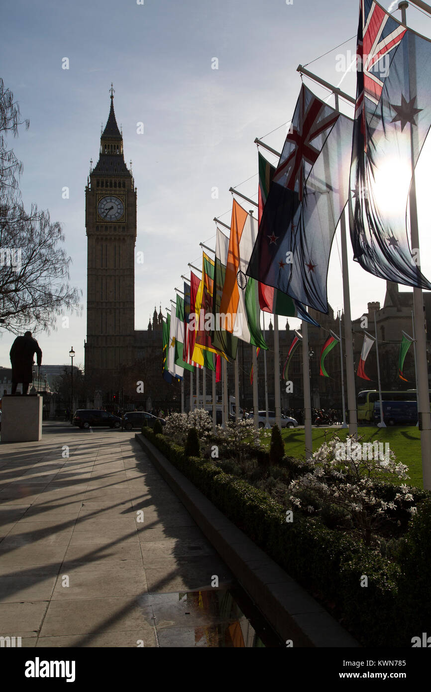 Flags of the Commonwealth flying on Parliament Square in London, England. They are displayed in a celebration of Commonwealth Day. Stock Photo